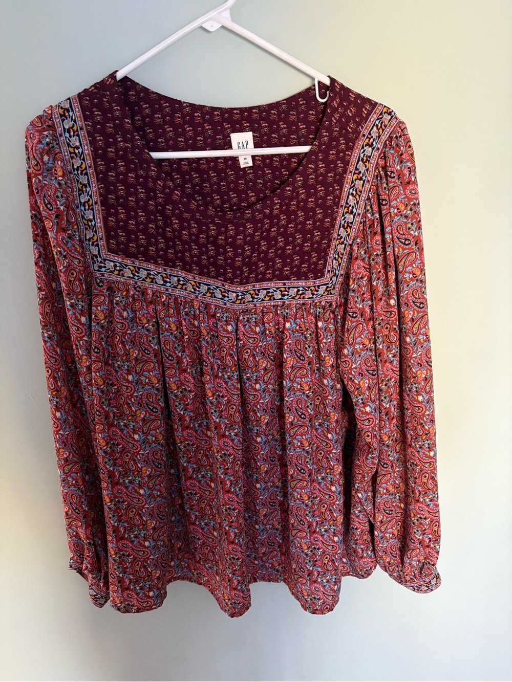 GAP Burgundy and Rust Paisley Long-Sleeve Peasant Blouse